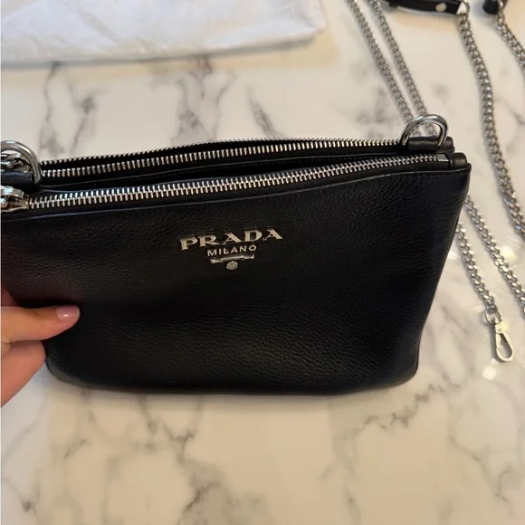 Prada Vitello Leather Double Zip Crossbody Bag, Black, Silver Hardware - Picture 3 of 15